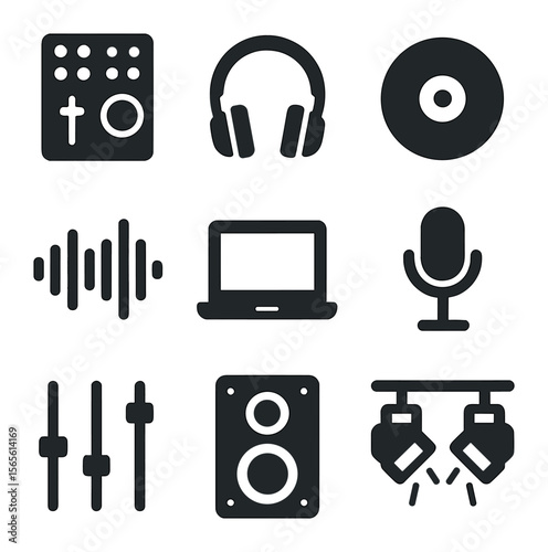 DJ Equipment Icons. Solid, filled icons set of club DJ equipment: mixer console, headphones, vinyl record,