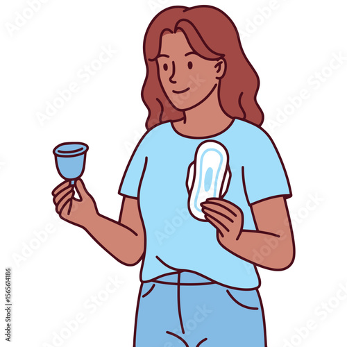 Dark skinned woman stands holding a tampon and menstrual cup. She presents different menstrual hygiene options confidently