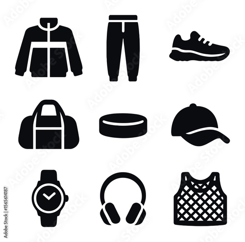 Sporty Outfit Icons. Solid, filled icons set of sporty street outfits: track jacket, jogger pants, running