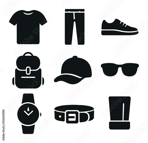 Minimalist Fashion Icons. Solid, filled icons set of minimalist street fashion: plain tee, slim jeans, white