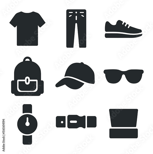 Minimalist Fashion Icons. Solid, filled icons set of minimalist street fashion: plain tee, slim jeans, white