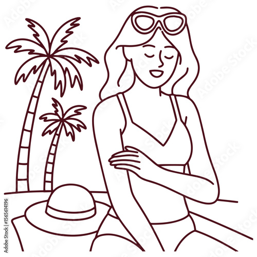 Line drawing of elderly woman in swimsuit sitting under palm tree, touching shoulder in pain from sunburn. Minimal black and white design