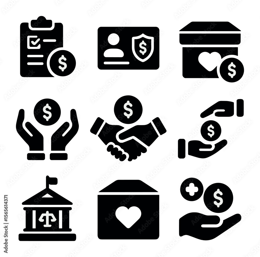Financial Aid Icons. Solid, filled icons set of financial assistance programs: grant application, social Financial Aid Icons. Solid, filled icons set of financial assistance programs: grant application, social