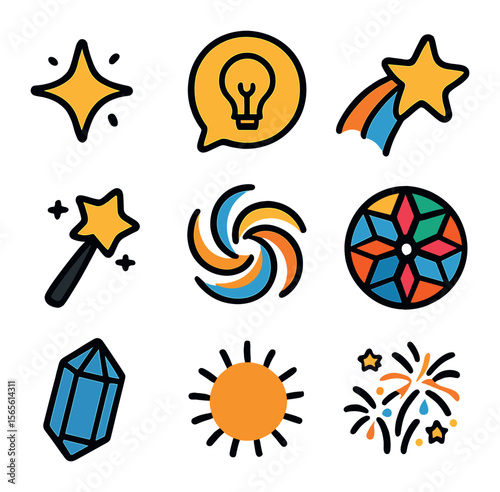 Colorful Inspiration Icons. Solid, filled icons set of colorful inspiration symbols: spark, idea bubble,