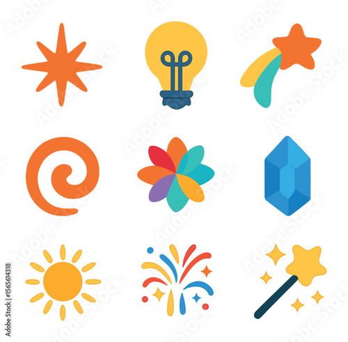 Colorful Inspiration Icons. Solid, filled icons set of colorful inspiration symbols: spark, idea bubble,