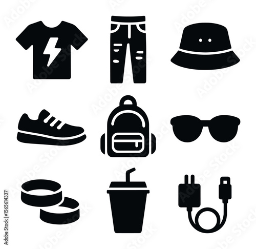 Outdoor Concert Icons. Solid, filled icons set of outdoor concert looks: graphic tee, ripped jeans, bucket hat