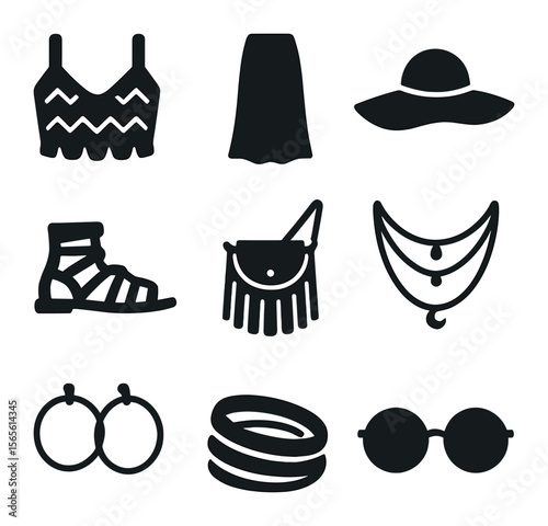 Boho Summer Icons. Solid, filled icons set of boho summer fashion: crochet top, maxi skirt, floppy hat,