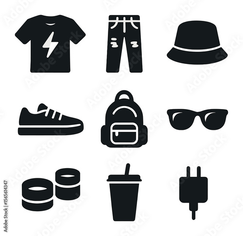 Outdoor Concert Icons. Solid, filled icons set of outdoor concert looks: graphic tee, ripped jeans, bucket hat