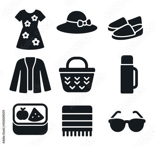 May Picnic Essentials. Solid, filled icons set of May picnic attire: floral dress, wide-brim hat, espadrilles,