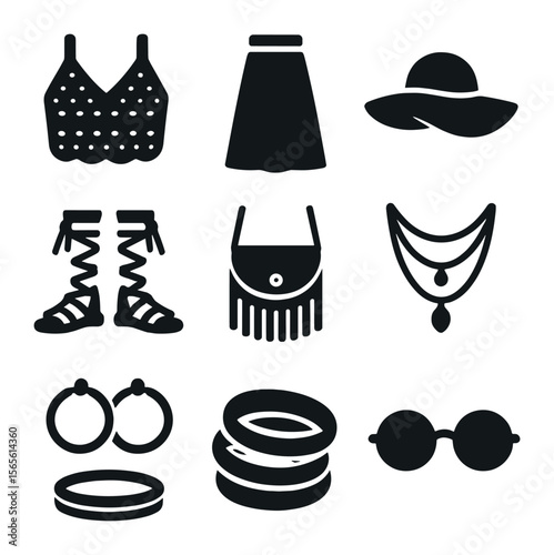 Boho Summer Icons. Solid, filled icons set of boho summer fashion: crochet top, maxi skirt, floppy hat,