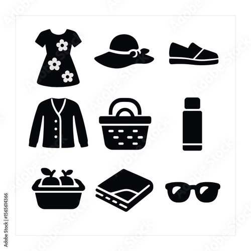 May Picnic Essentials. Solid, filled icons set of May picnic attire: floral dress, wide-brim hat, espadrilles,