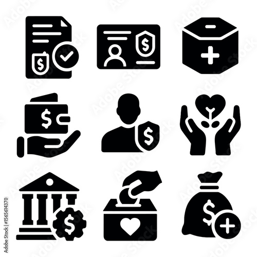 Financial Aid Icons. Solid, filled icons set of financial assistance programs: grant application, social