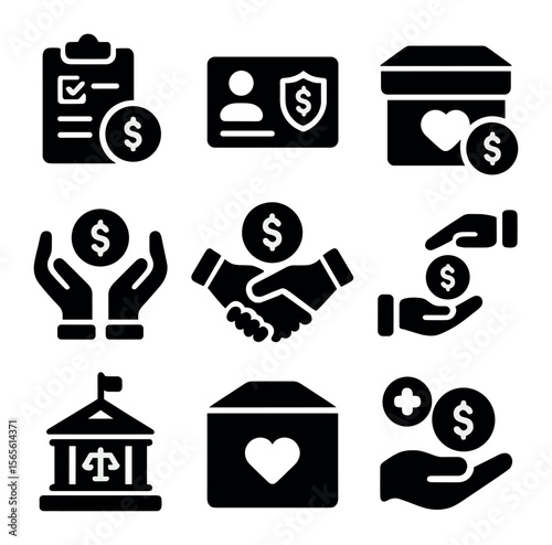Financial Aid Icons. Solid, filled icons set of financial assistance programs: grant application, social