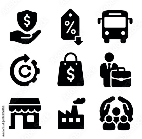 Economic Stabilization Icons. Solid, filled icons set of economic stabilization: government aid, tax relief,
