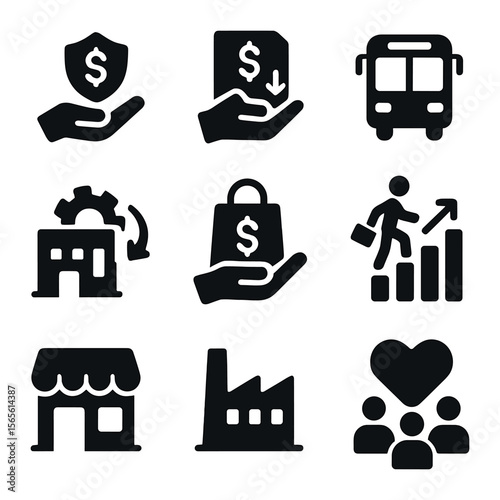Economic Stabilization Icons. Solid, filled icons set of economic stabilization: government aid, tax relief,