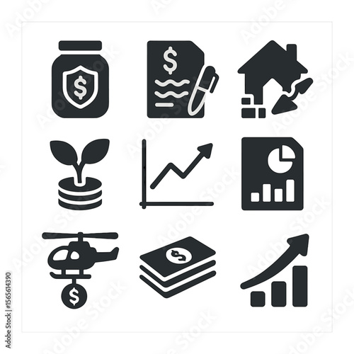 Post-Crisis Economy Icons. Solid, filled icons set of post-crisis economy: emergency fund, loan document,