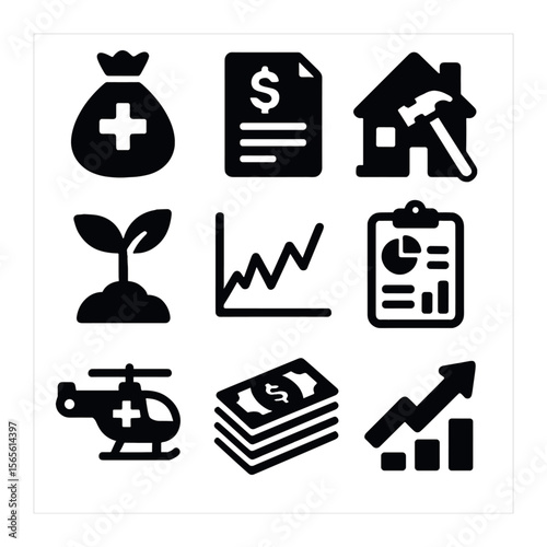 Post-Crisis Economy Icons. Solid, filled icons set of post-crisis economy: emergency fund, loan document,