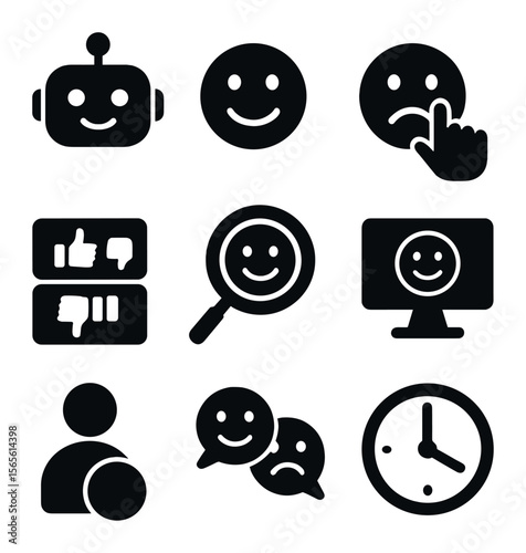 Emotion Recognition Icons. Solid, filled icons set of interactive emotion recognition: chatbot face, smiley