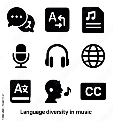 Music Language Icons. Solid, filled icons set of language diversity in music: speech bubbles, translation
