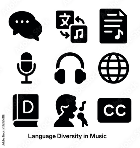 Music Language Icons. Solid, filled icons set of language diversity in music: speech bubbles, translation