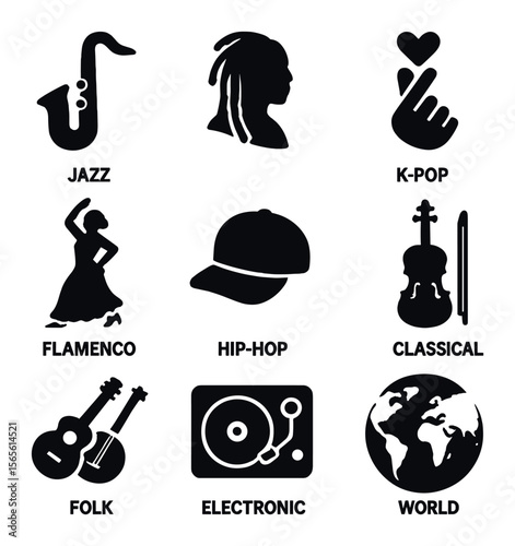 Global Music Icons. Solid, filled icons set of global music genres: jazz, reggae, k-pop, flamenco, hip-hop,