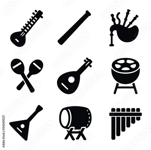 Cultural Instruments Icons. Solid, filled icons set of cultural music instruments: sitar, didgeridoo, bagpipes