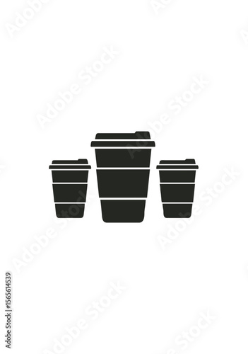 Set of Three Coffee To-Go Cup Icons in Black Silhouette Style Representing Different Sizes on White Background for Beverage and Cafe Concepts
