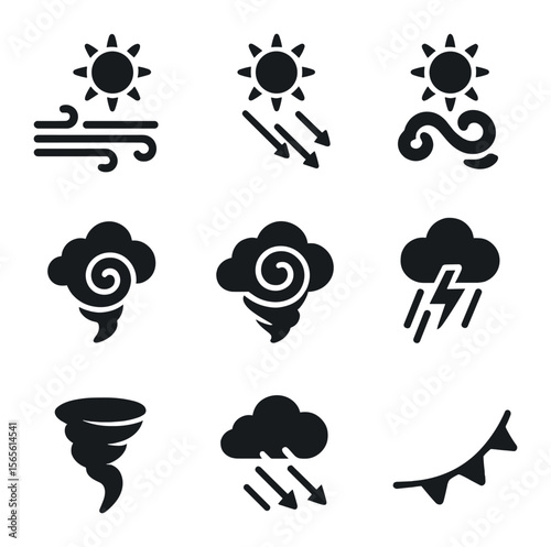 Weather Phenomena Icons. Solid, filled icons set of sun influence on air circulation: jet stream, trade winds,