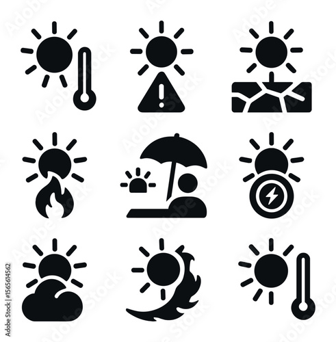 Solar Weather Icons Grid. Solid, filled icons set of solar weather warnings: heat advisory, UV alert, drought