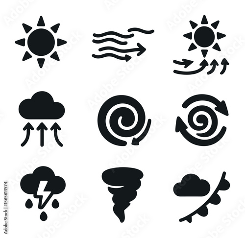 Weather Phenomena Icons. Solid, filled icons set of sun influence on air circulation: jet stream, trade winds,