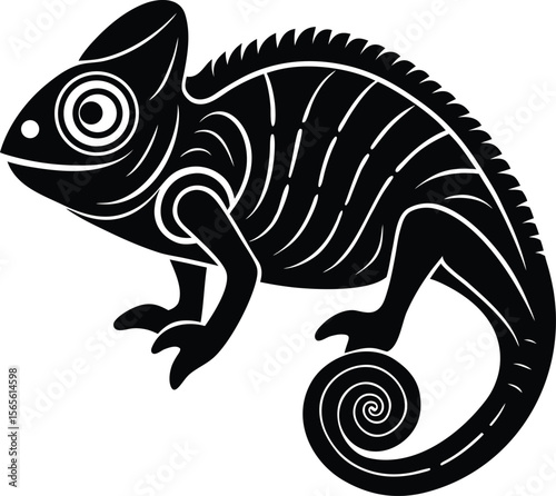 Stylized black chameleon with intricate white tribal patterns and a coiled tail silhouette  .eps