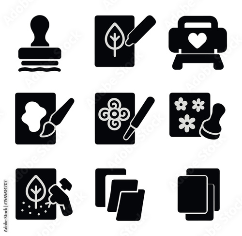 Card-Making Technique Icons. Solid, filled icons set of card-making techniques: stamping, embossing, die