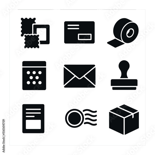 Mailing Essentials Icons. Solid, filled icons set of card mailing essentials: postage stamps, address labels,