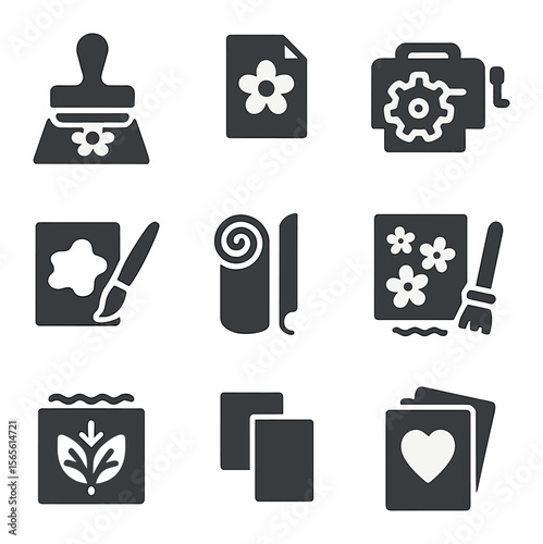 Card-Making Technique Icons. Solid, filled icons set of card-making techniques: stamping, embossing, die