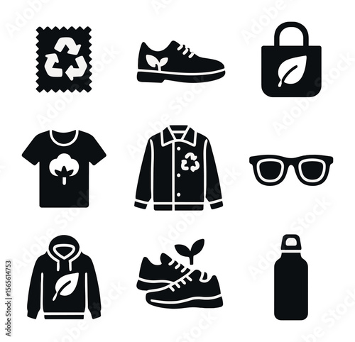 Sustainable Fashion Icons. Solid, filled icons set of sustainable street style: recycled fabrics, vegan