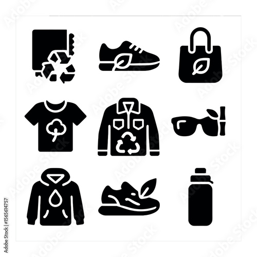 Sustainable Fashion Icons. Solid, filled icons set of sustainable street style: recycled fabrics, vegan