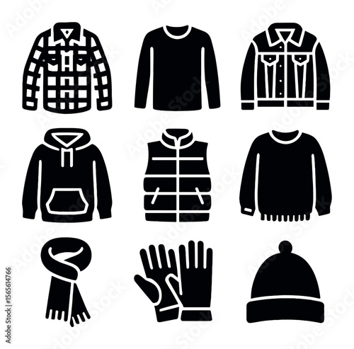 Street Style Icons. Solid, filled icons set of street style layering: flannel shirt, long sleeve tee, denim