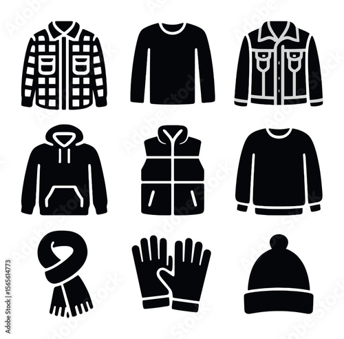 Street Style Icons. Solid, filled icons set of street style layering: flannel shirt, long sleeve tee, denim