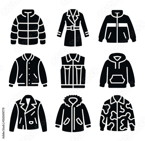 Streetwear Icon Grid. Solid, filled icons set of trendy streetwear outerwear: puffer jacket, trench coat,