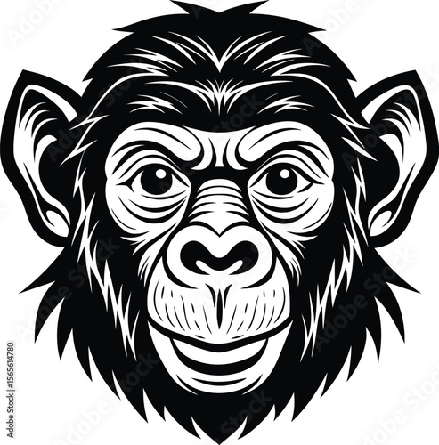 Stylized black and white chimpanzee face with expressive eyes and fur detail silhouette .eps