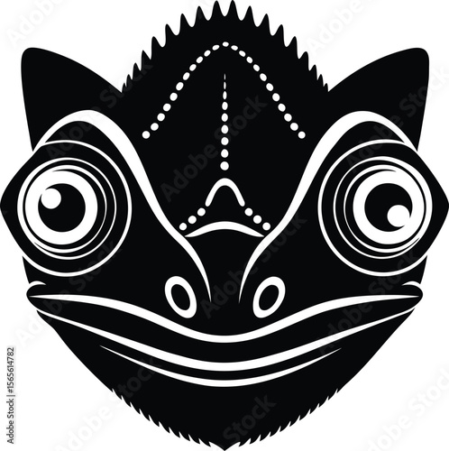 Stylized chameleon head silhouette with tribal dot pattern and swirling eyes  .eps
