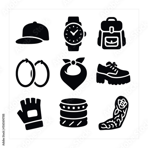 Urban Fashion Icons. Solid, filled icons set of urban fashion accessories: snapback cap, statement watch,