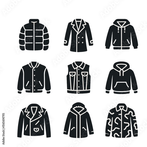 Streetwear Icon Grid. Solid, filled icons set of trendy streetwear outerwear: puffer jacket, trench coat,