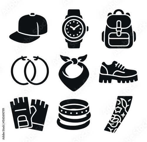 Urban Fashion Icons. Solid, filled icons set of urban fashion accessories: snapback cap, statement watch,