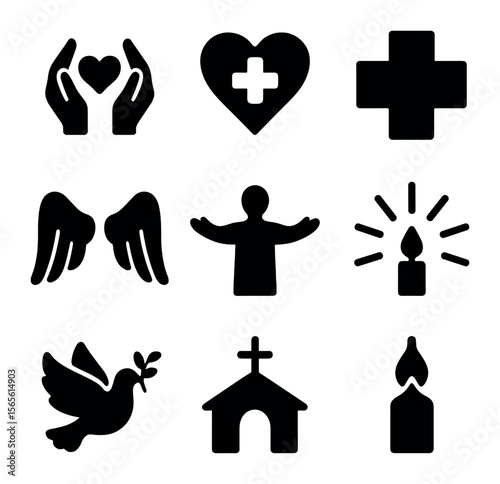 Healing Prayer Icons. Solid, filled icons set of Prayer for healing and comfort: healing hands, heart with