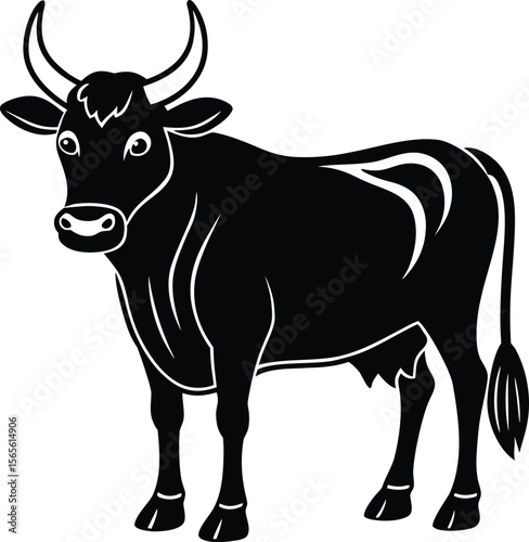 A black and white silhouette of a cow with horns and a tail .eps