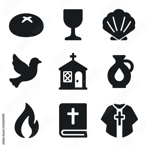 Church Sacraments Icons. Solid, filled icons set of Prayer and church sacraments: communion bread, wine cup,