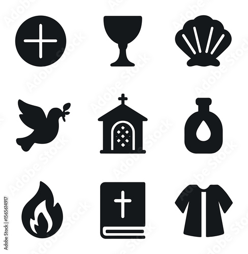 Church Sacraments Icons. Solid, filled icons set of Prayer and church sacraments: communion bread, wine cup,