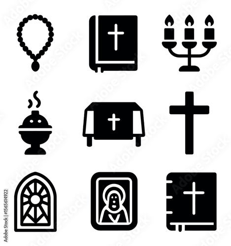 Prayer Tools Icons. Solid, filled icons set of Prayer tools and symbols: prayer beads, prayer book, candle