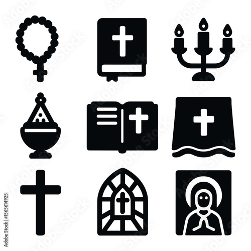 Prayer Tools Icons. Solid, filled icons set of Prayer tools and symbols: prayer beads, prayer book, candle